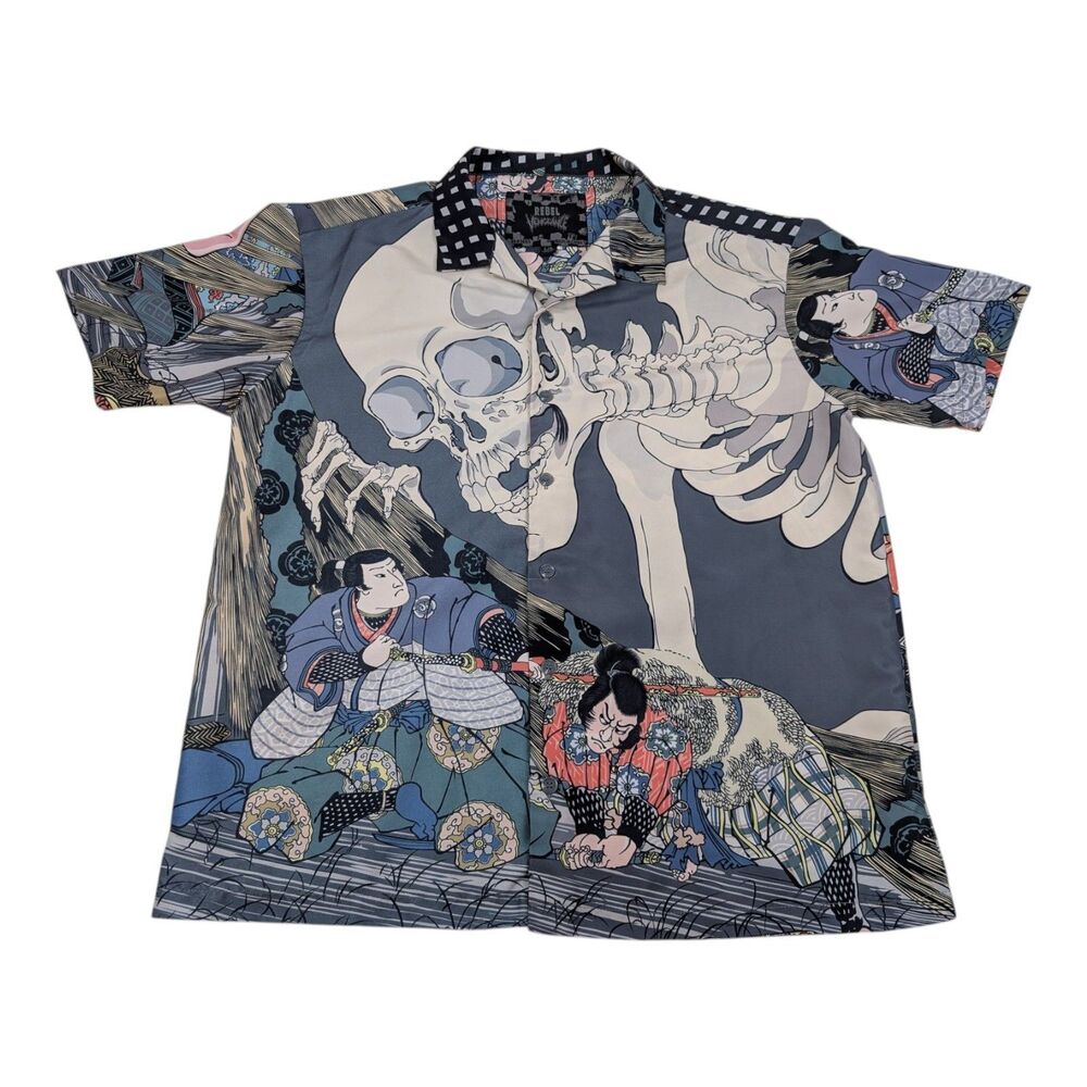 Rebel Vengeance All Over Print AOP Japanese‎ Samurai Skull Shirt Size L
